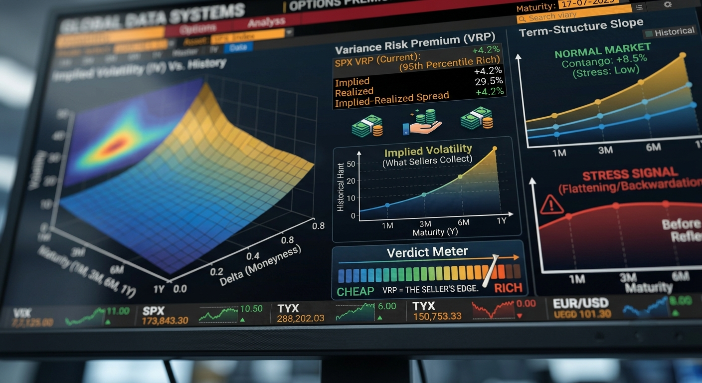 Vol Desk — implied volatility surface versus history, variance risk premium panel, and term-structure slope with a cheap-to-rich verdict meter